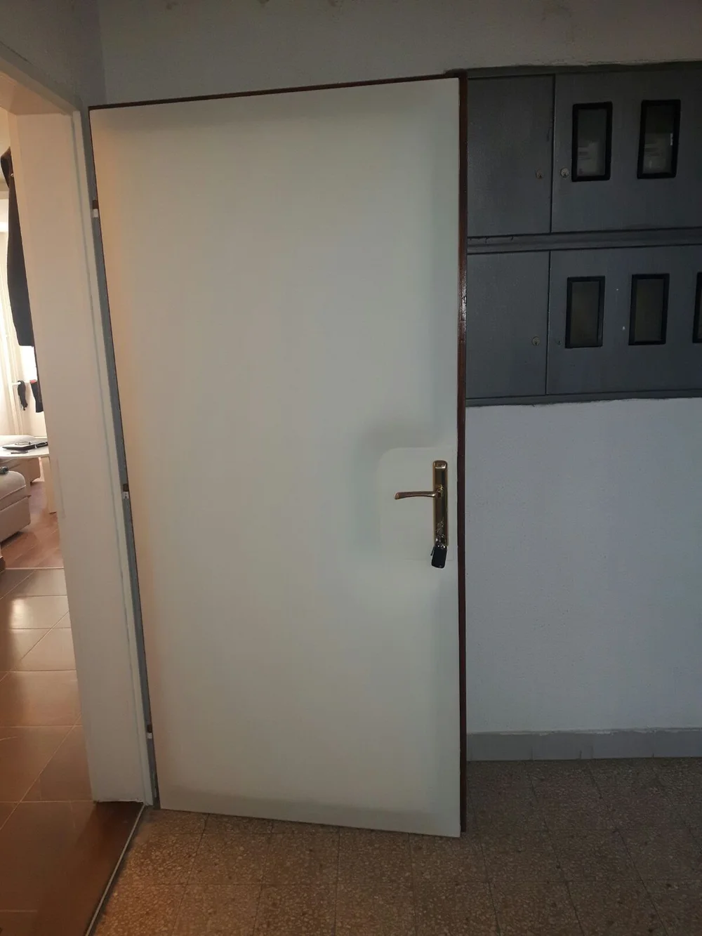 Svijetla tapecirana vrata s tamnim dovratnikom, prikazana otvorena.